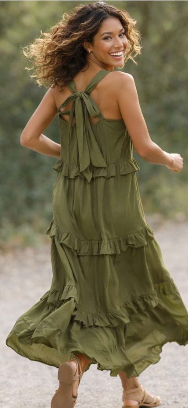 Emelia Olive Green Tiered Ruffle Midi Dress Size S Boho Summer Chic